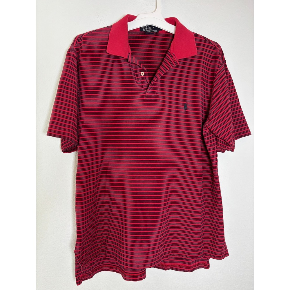 Polo Ralph Lauren Mens Large Red Navy Blue Striped Short Sleeve Polo Shirt L
